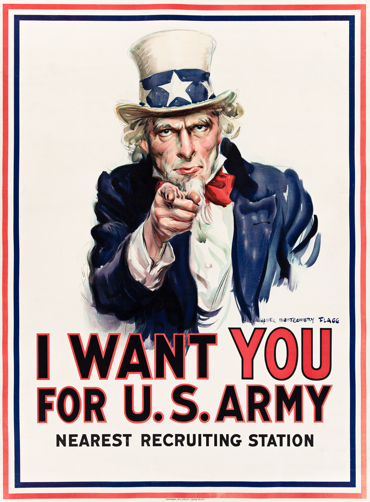 JAMES MONTGOMERY FLAGG (1870-1960).  I WANT YOU FOR U.S. ARMY. 1917. 40¼x29¾ inches, 102¼x75½ cm. Leslie-Judge Co., New York.